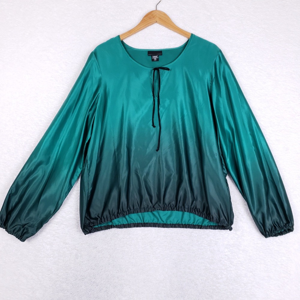 Apostrophe Ombre Blouse Womens XL Green Satin Elastic Hem Long Sleeve Shiny
